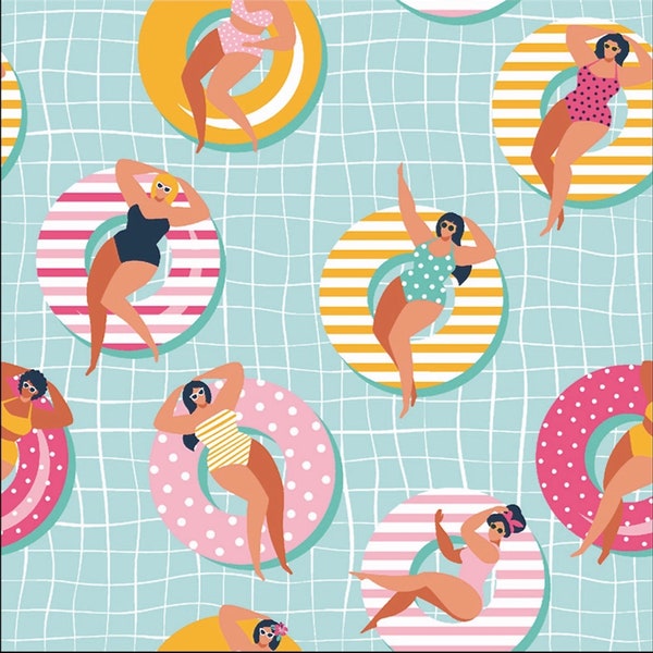 Pool Girls Fabric, Summertime, Chubby Girls, 100% Cotton, Sold by the Half Metre