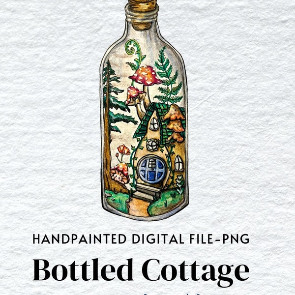 Bottled Cottage png, Cottage digital file, Mushroom png, Woodland clipart, Glass bottle file