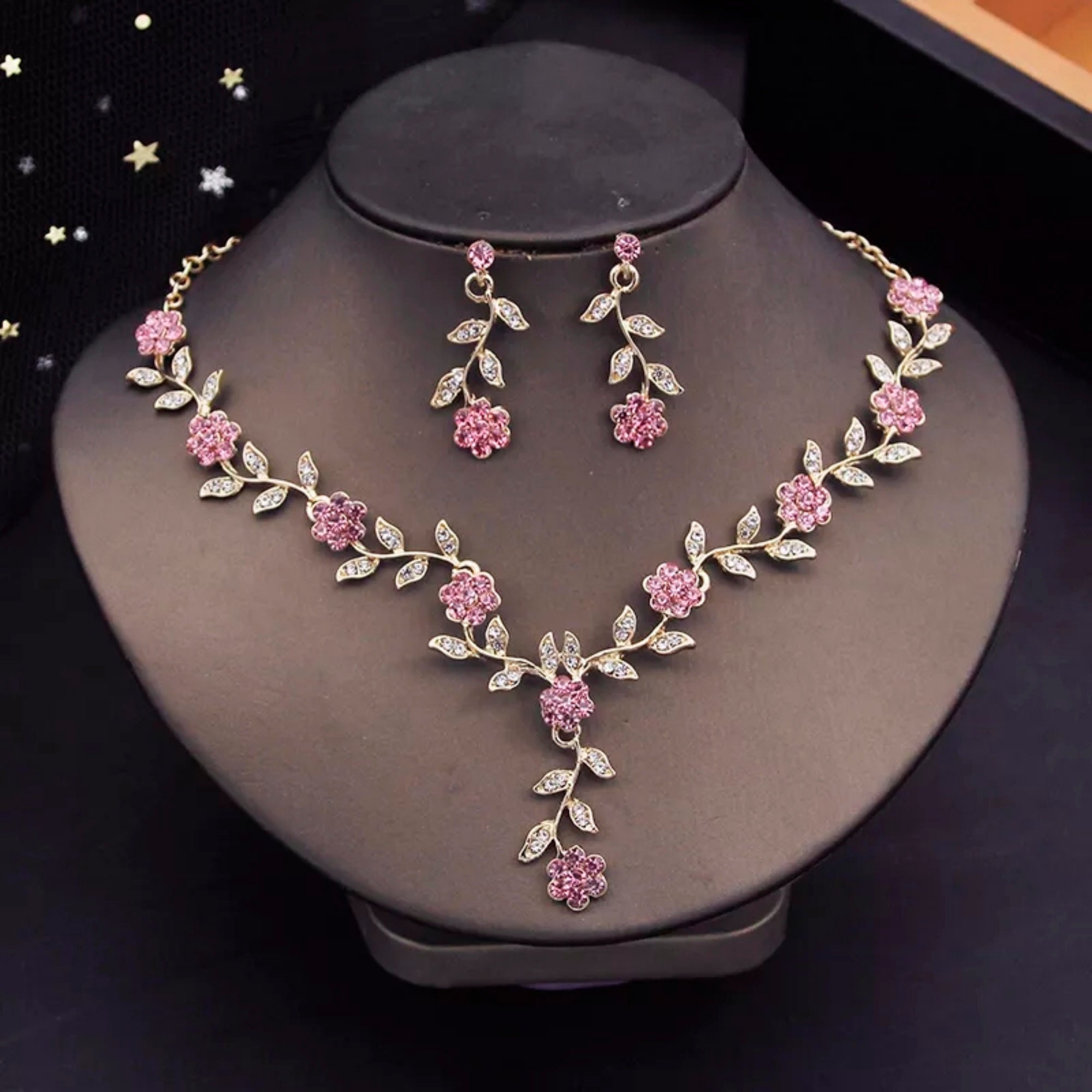Pink Bridal Jewelry Set Crystal Wedding Rhinestone Flower and Etsy