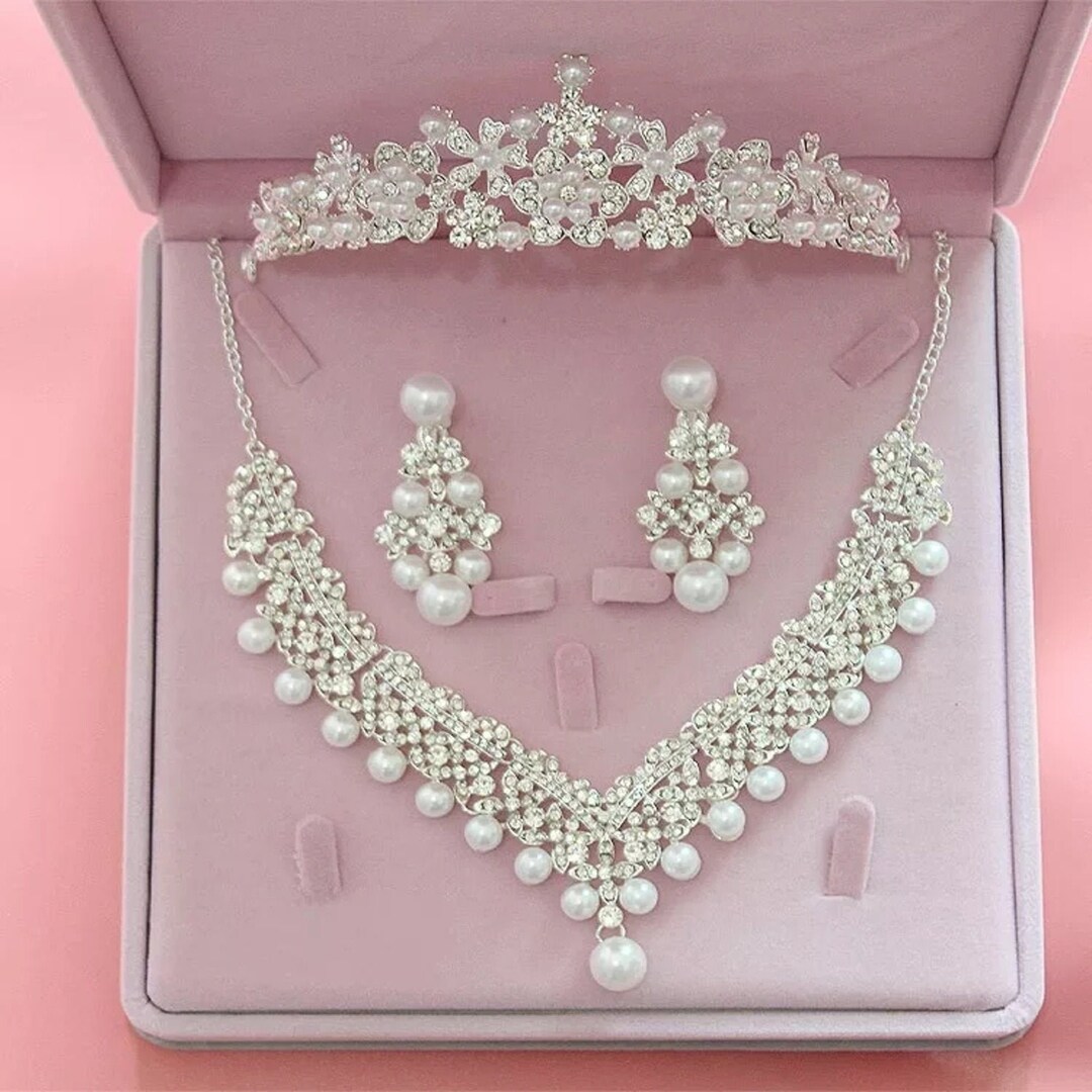 Silver Pearl Bridal Jewelry Set Floral Bride Crown Set Etsy