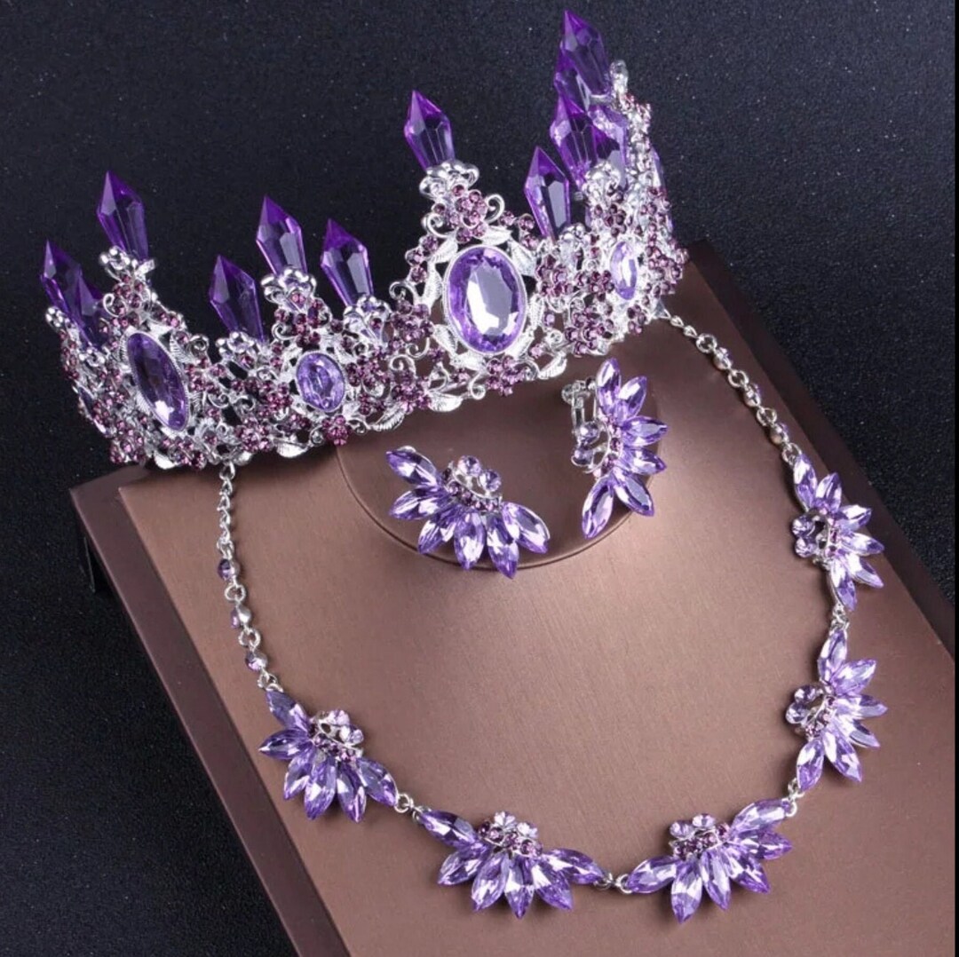 Purple Bridal Jewelry Set Earring Crown Necklace Set Bridal Etsy