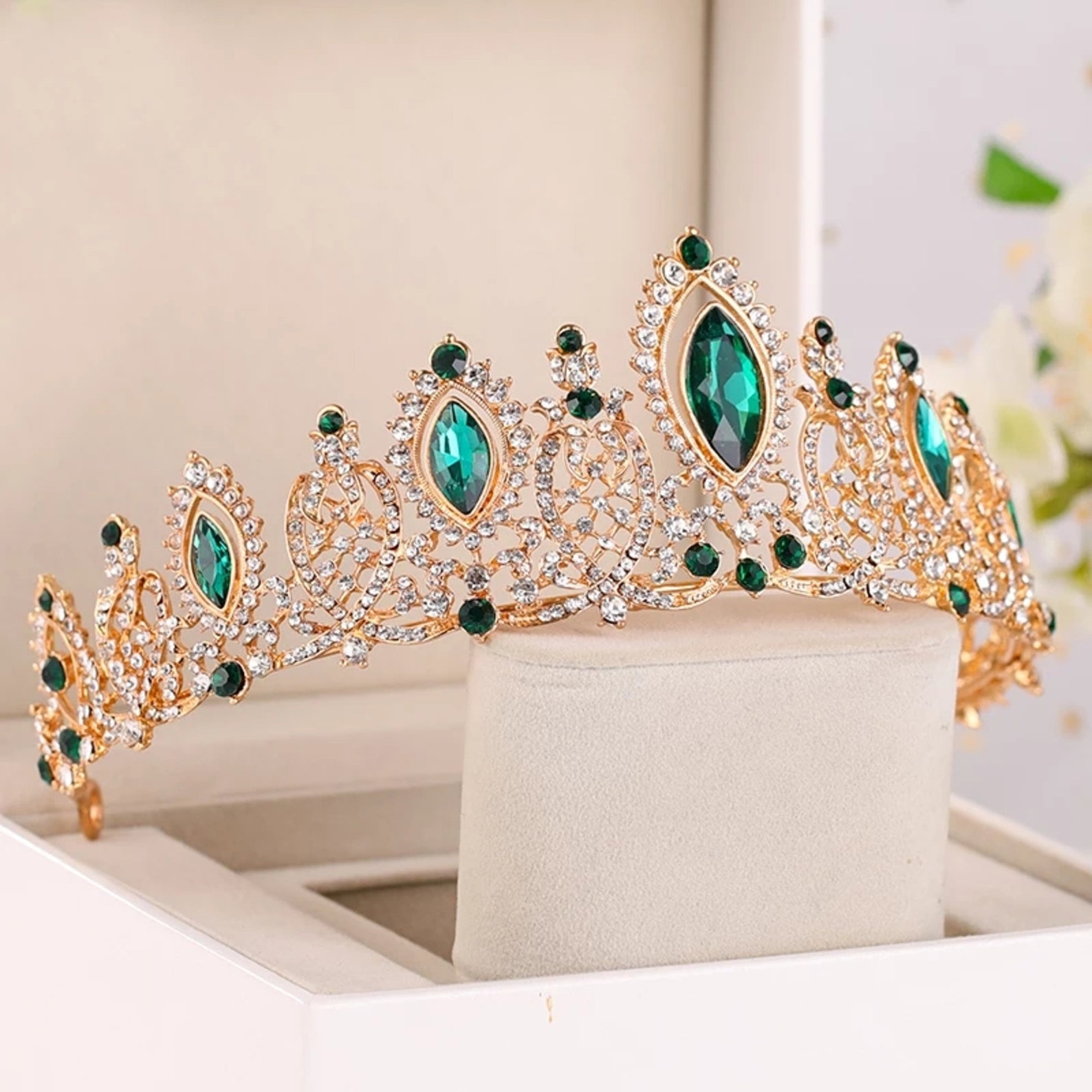 Bridal Wedding Green Rhinestone Tiara Gold Bridal Tiara Etsy