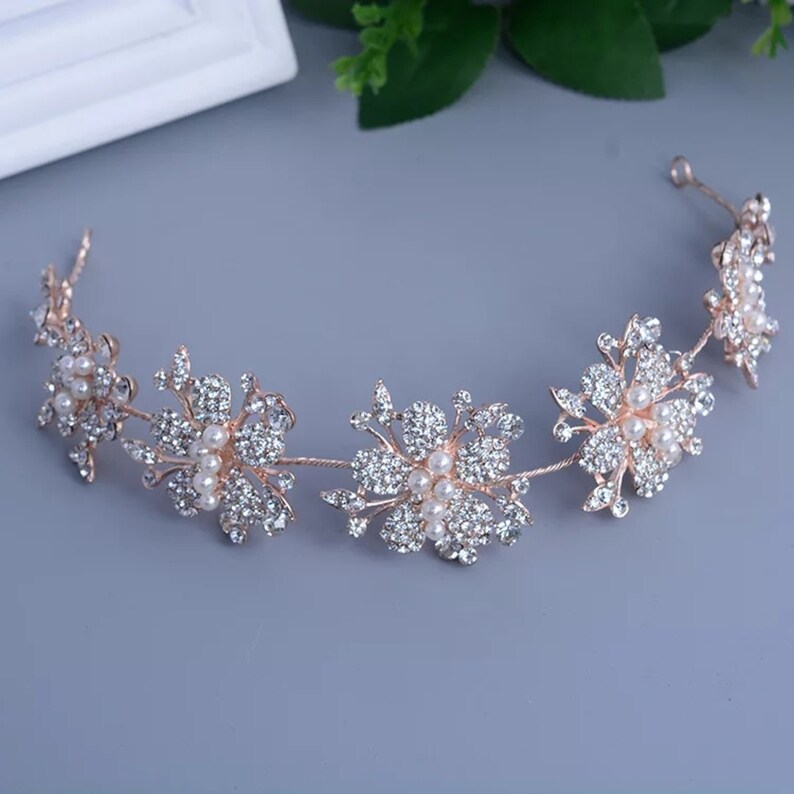 Elegant Gold Bridal Hair Tiara Crystal Floral Wedding Crown Etsy