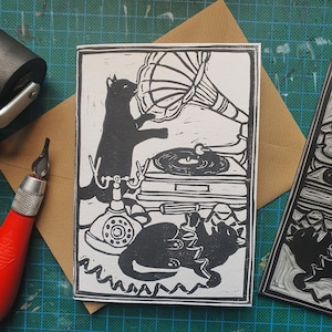 Curious Cats, jaren 1920 Vintage Art Deco Style Lino Print Card - A6 Card