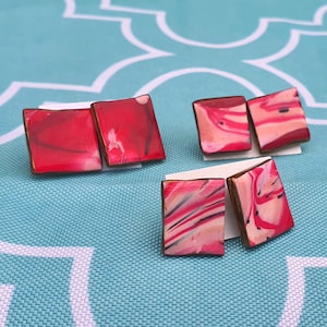 Square Red & White Marbled Polymer Clay Stud Earrings
