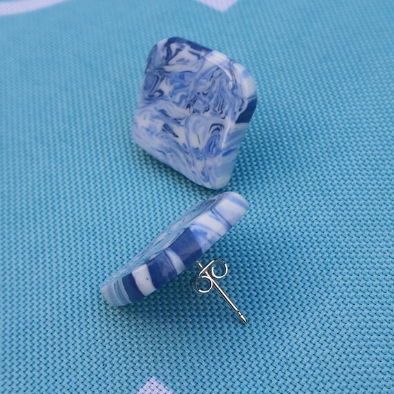 Stud Earrings Blue Marble Earrings Blue White Swirling Marble