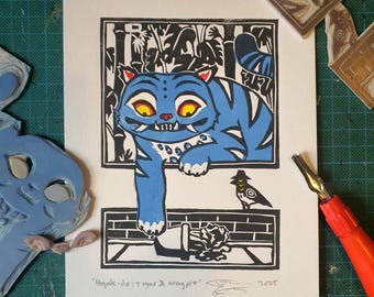 Derpy and Sussie Tiger and Magpie Linocut Print: Kpop Inspired Hojak-Do Art