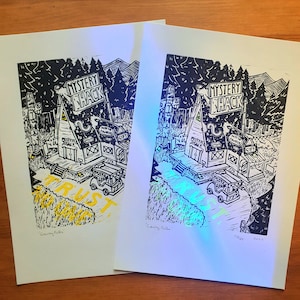 Gravity Falls Mystery Shack Glow in the Dark/yellow A4 Lino Print