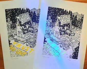 Gravity Falls Mystery Shack Glow in the Dark/yellow A4 Lino Print