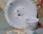 Vintage Child 39 s Martian Rocketship Robot Puss n boots character Porcelaine De Limoges France Egg Cup Cereal Bowl set