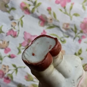 May include: Close-up of a vintage porcelain figurine, with a white body and red-brown rim and accents. The figurine is set against a floral patterned background, showcasing a delicate and aged aesthetic.
