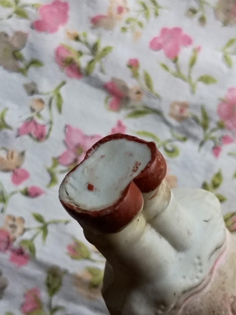 May include: Close-up of a vintage porcelain figurine, with a white body and red-brown rim and accents. The figurine is set against a floral patterned background, showcasing a delicate and aged aesthetic.