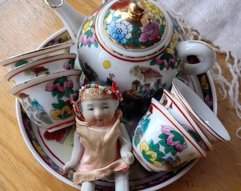 Vintage Child's Play Tea Set & Doll Teatime party