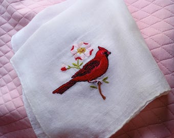 Vintage Hand~Embroidered Red Bird & Blackberry Flower Hankie