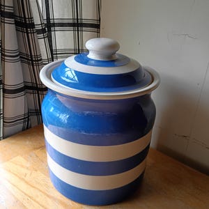 May include: A cylindrical ceramic canister featuring a glossy finish with alternating horizontal stripes in deep blue and white. The container includes a matching lid with a rounded white knob handle on top, providing a secure cover for the storage vessel.