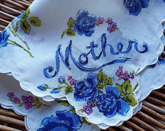 Vintage Mother's Day Ladies Handkerchief Blue Cabbage Rose Hankie Grannycore Farmhouse Decor
