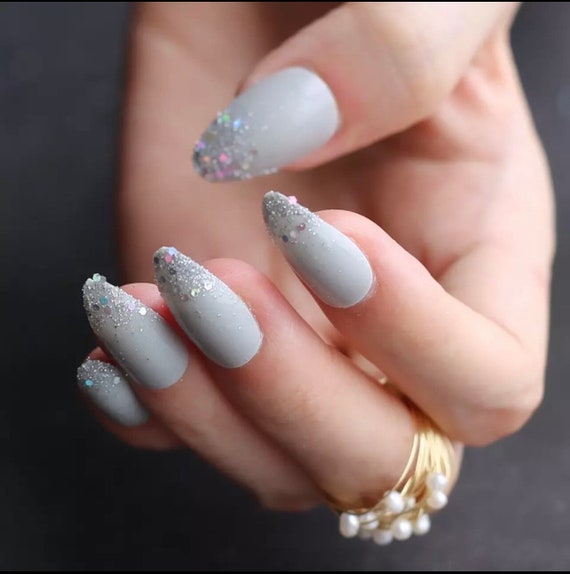 Gray Ombre French Glitter Short Stiletto Press On Nails Etsy Canada