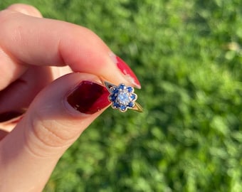 Vintage 14k diamanten ring met saffierbloem