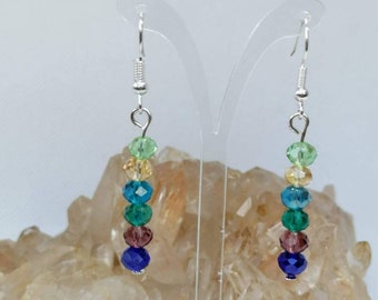 Rainbow glass bead drop earrings ideal for pride or festivals, unisex gifts