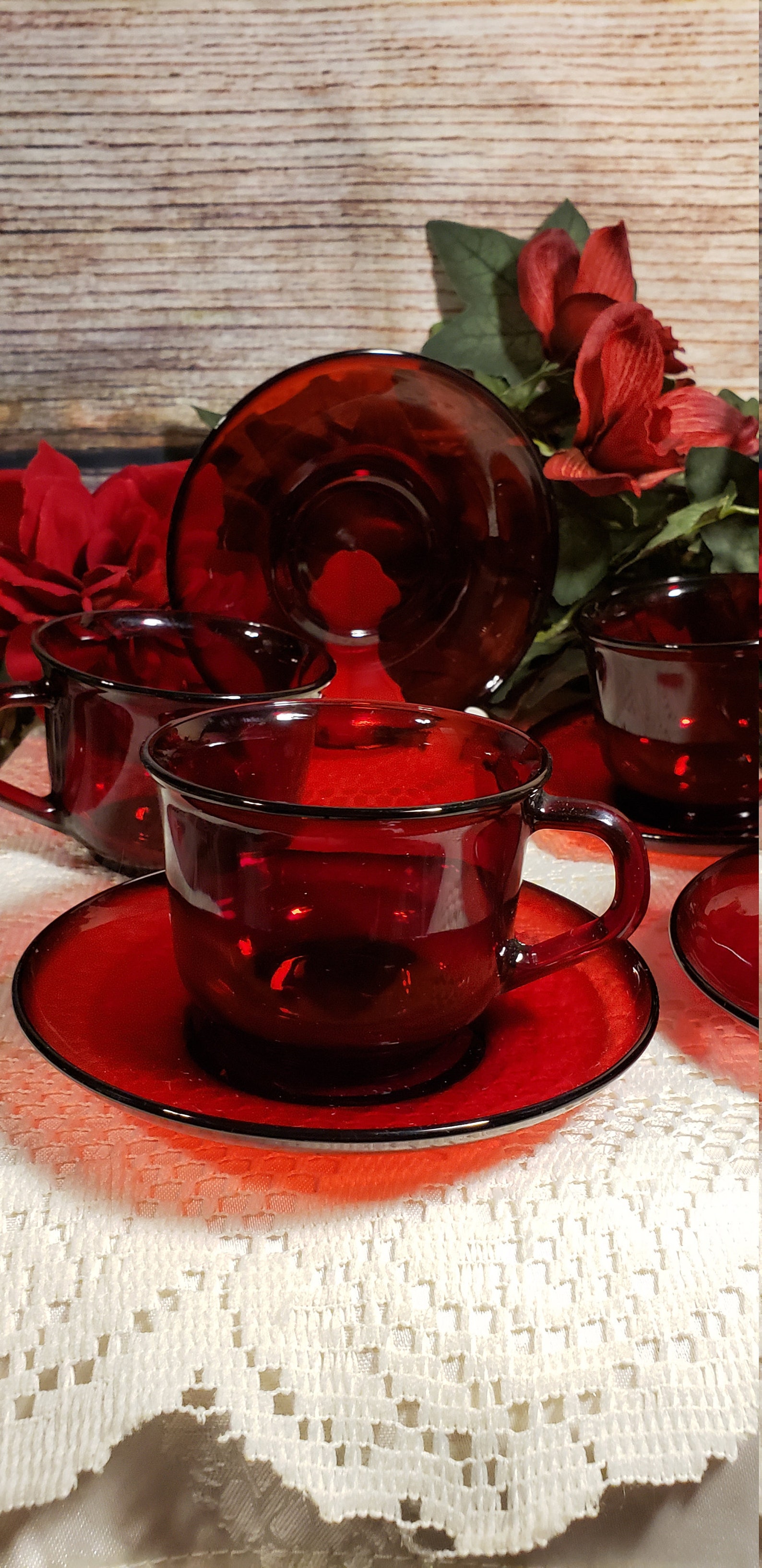 Vintage Luminarc Arcoroc Ruby Red Cups and Saucers Service Etsy