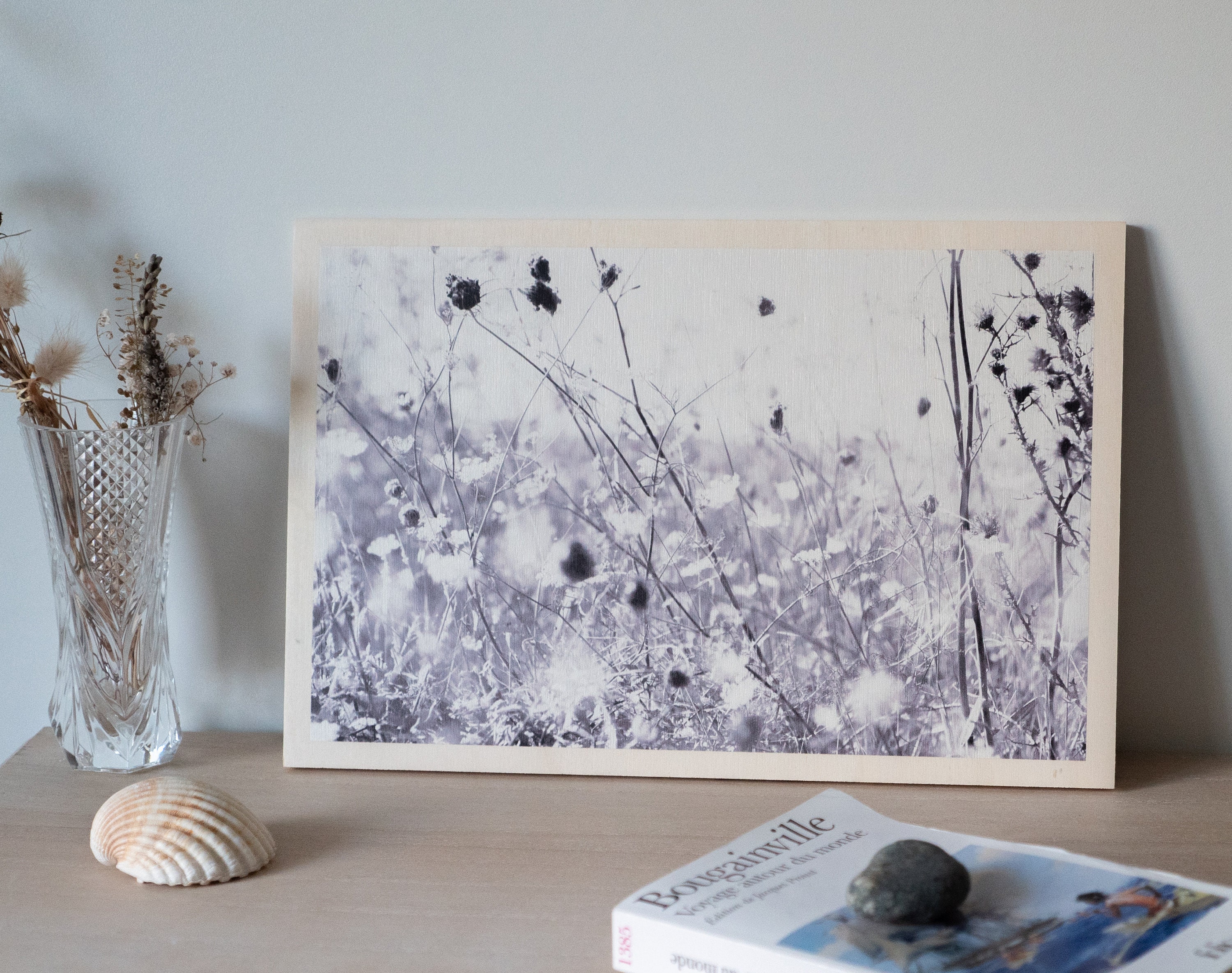 Photographie Noir et Blanc Fleurs Ile d'oléron sur Tableau en Bois Fabriqué France