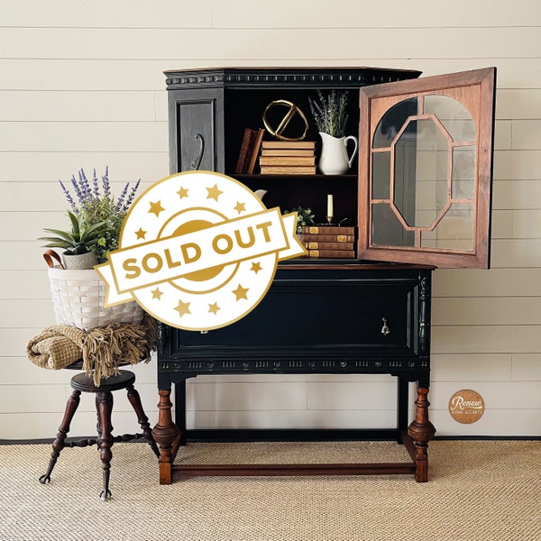 SOLD - Black Antique China Cabinet | Jacobean Hutch | Farmhouse Furniture | French Country | Dining Furniture | Hand Painted Furniture