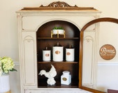 Vintage Jacobean Hutch Painted Cabinet Linen Storage Taupe China Cabinet Shipping is NOT Free