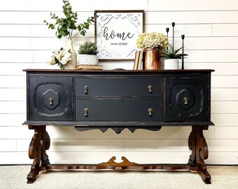 Black Antique Jacobean Sideboard | French Country Buffet | Refinished Vintage Furniture |  Farmhouse Furniture | TV Stand | Liquor Cabinet