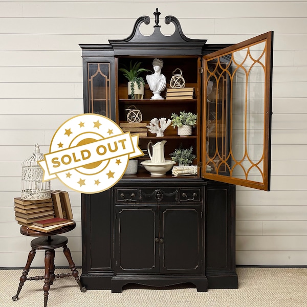 SOLD - Vintage Black Federal Style Breakfront China Cabinet | Hand Painted Painted Hutch | French Country Decor | Display Cabinet