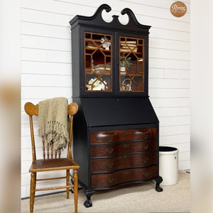 Antique Black Chippendale Secretary | Mahogany Bookcase | French Country Furniture | Farmhouse Hutch/China Cabinet | Craft Hobby Desk