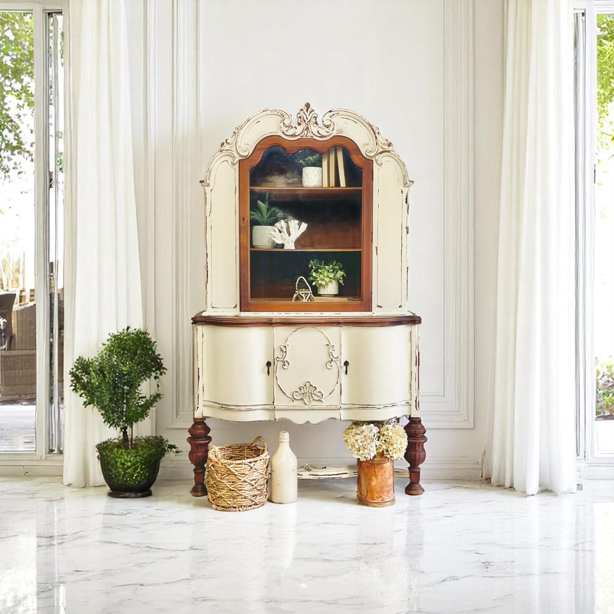 SOLD | Antique French Country China Cabinet: Distressed White