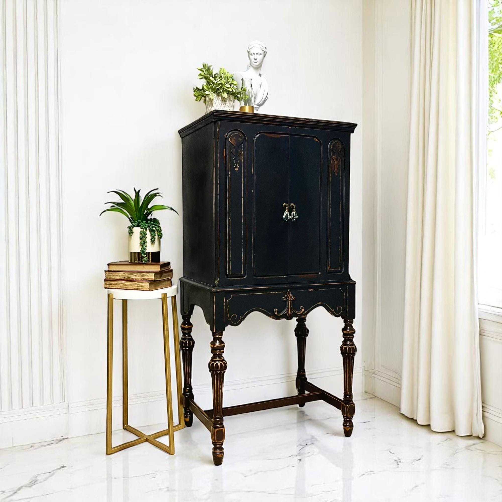Antique Luxury Bar Cabinet | 1920s Cabinet | Black Distressed Liquor Cabinet | Vintage Home Decor | French Country | Entryway Furniture