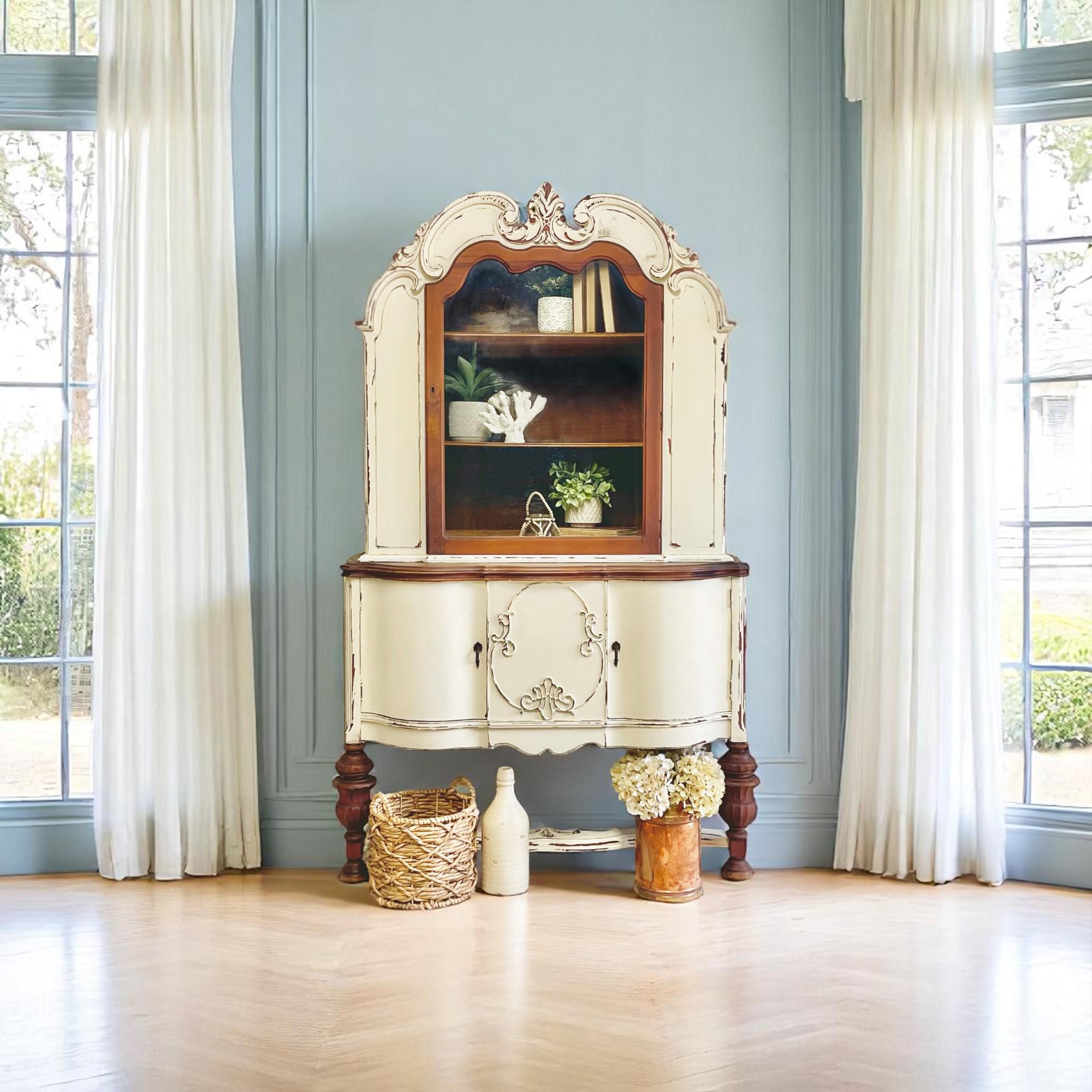 L’Anticher French China SetUp Dead Stock SOLD | Antique French Country China Cabinet: Distressed White