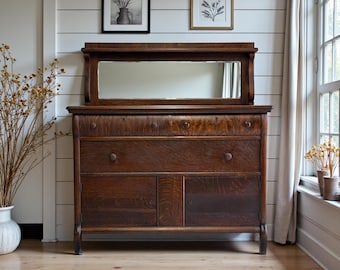 Antique Sideboard with Mirror (c. 1880s–1890s) | Tiger Oak | French Country | Victorian Furniture | Farmhouse Dresser