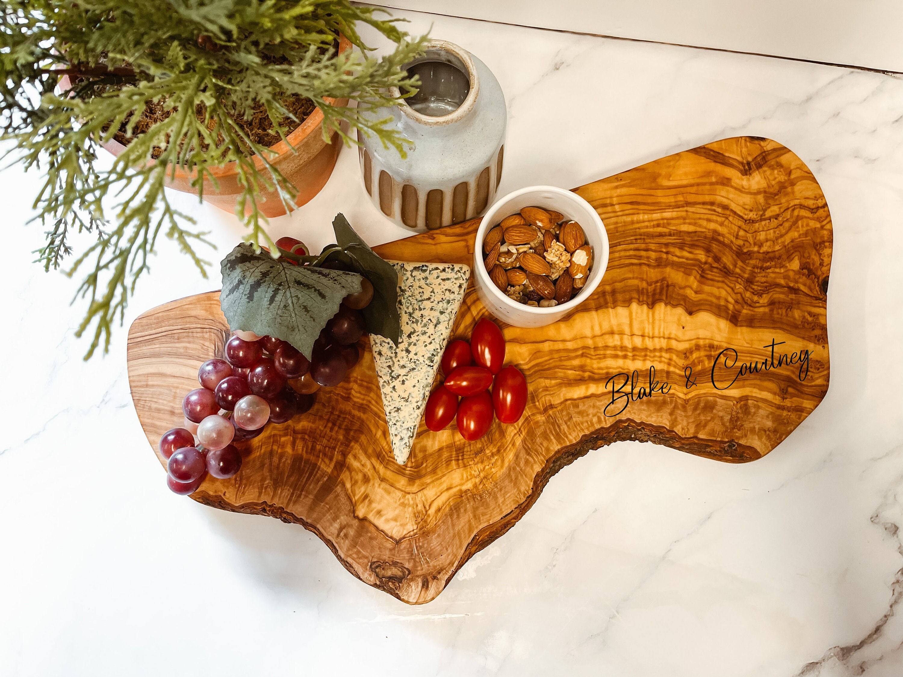 Personalized Live Edge Olive Wood Cutting Board - Forest Decor