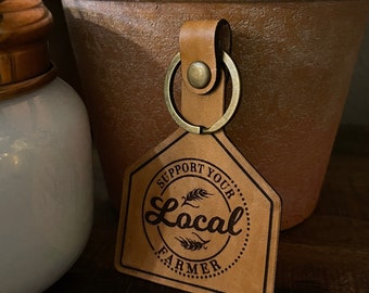 Support your local farmer cow tag keyring natural leather - handmade leather keychain - key ring