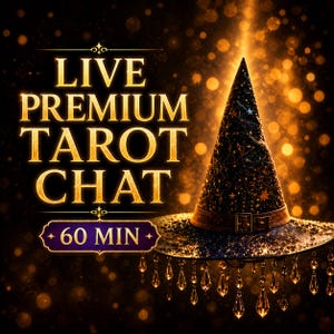 Könnte beinhalten: Werbebild für einen Tarot-Chat. Das Bild zeigt einen schwarzen und goldenen Hexenhut, der mit Sternen und Kristallen verziert ist. Der Text lautet "LIVE PREMIUM TAROT CHAT" und "60 MIN" in goldener Schrift vor einem dunklen Hintergrund mit Bokeh-Effekten.