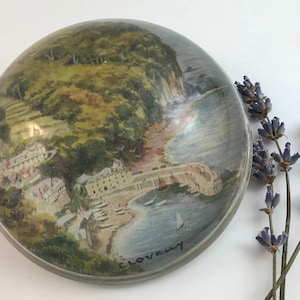 Antique Paper weight of Clovelly England waterfront : 1890-1910 era