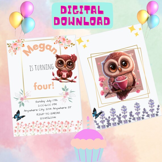 12 Biglietti D'invito Per Compleanno Bambini Con Buste, Formato 14,8x10,5 Cm, Design Gufo E Panda, Prestampati, Carta 400mg
