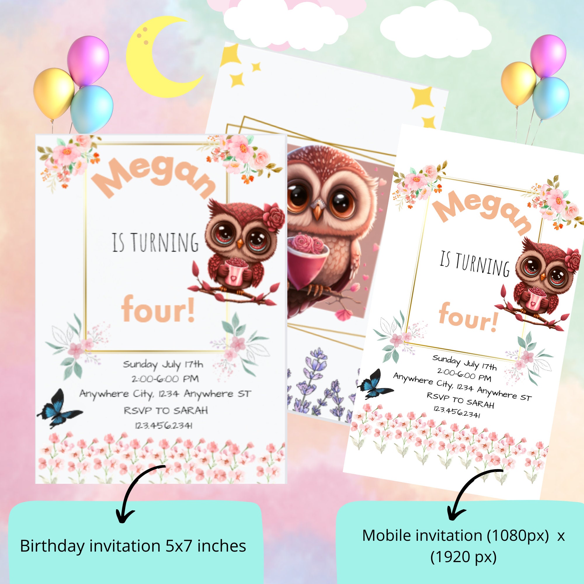 Printable Owl Birthday Invite,editable Owl Birthday Invitation,printable Woodland Owl Birthday ...