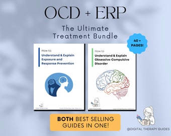 May include: A digital download bundle of two guides on obsessive-compulsive disorder (OCD) and exposure and response prevention (ERP). The guides feature illustrations of a brain and a person. The text on the cover of the guides reads "How to Understand & Explain Obsessive-Compulsive Disorder" and "How to Understand & Explain Exposure and Response Prevention". The bundle is titled "OCD + ERP The Ultimate Treatment Bundle" and includes over 40 pages.
