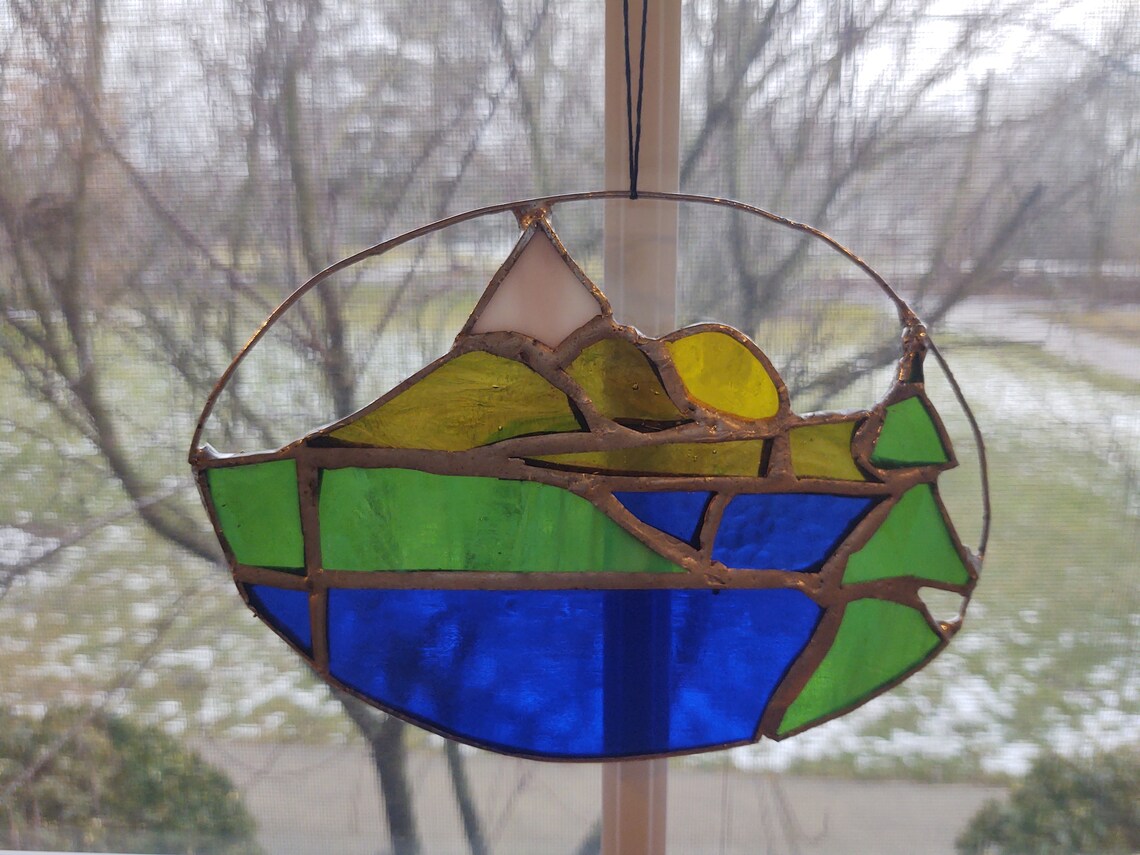 Stained Glass Mountain Lake Scene Etsy