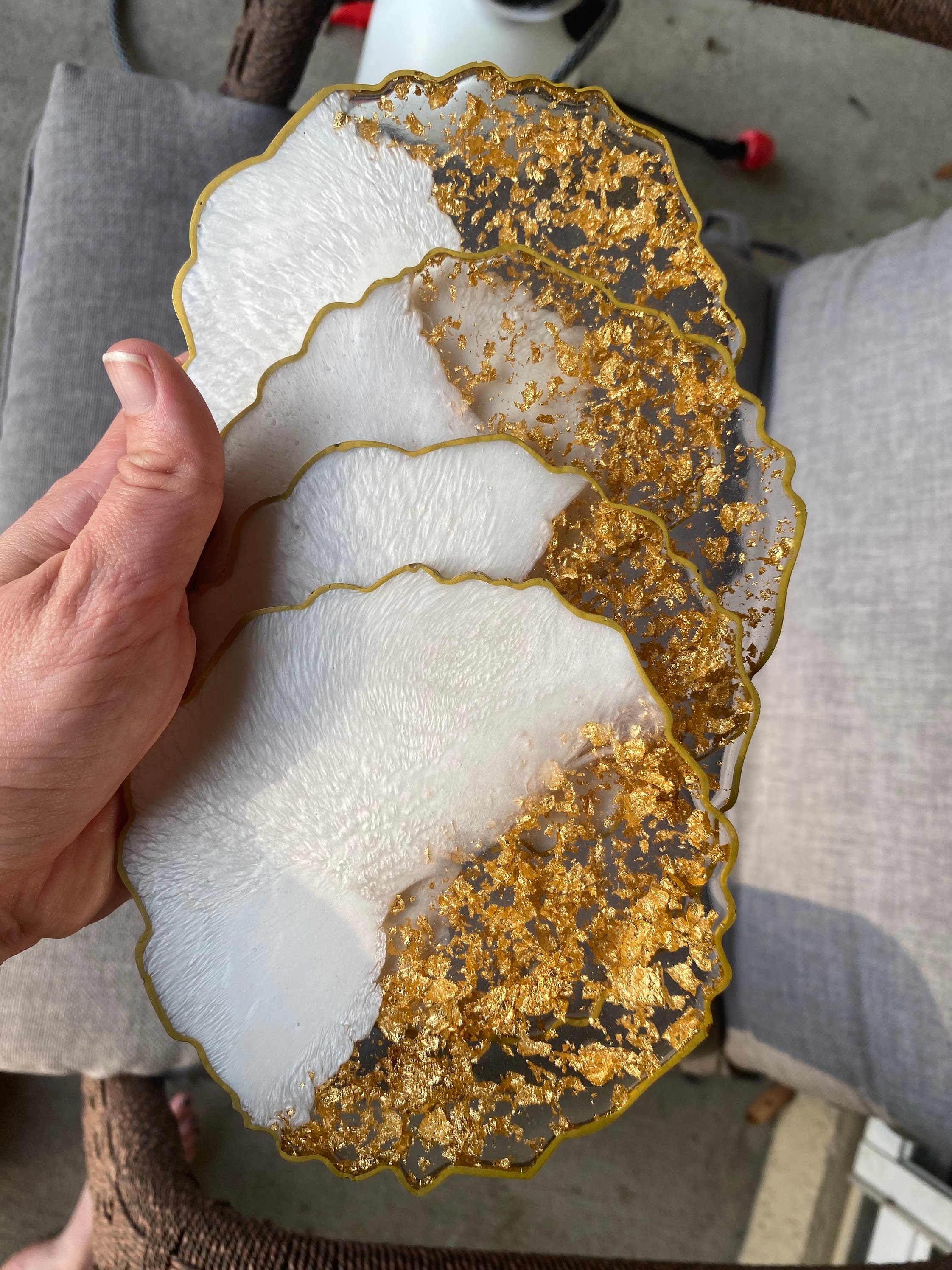 4 white and gold coasters Etsy