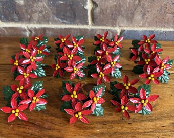 Vintage Christmas Poinsettia Metal Napkin Rings Set of 11 Made In Hong Kong