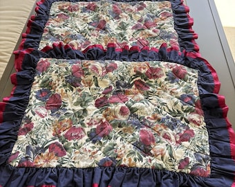 2 fundas de almohada vintage de los años 90 con volantes florales burdeos, azul marino y verde cazador