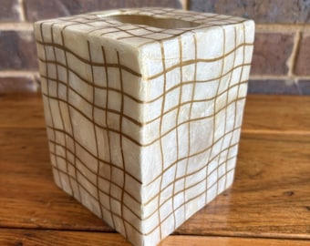 Capiz Shell Square Tissue Box Cover With Gold Plaid Pattern