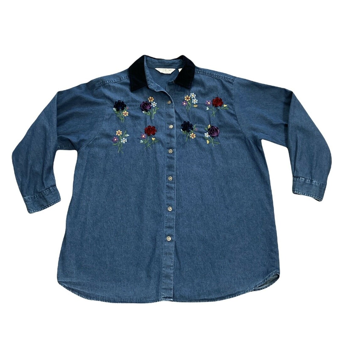 Womens Vintage Floral Embroidered Denim Shirt Size 20W Etsy