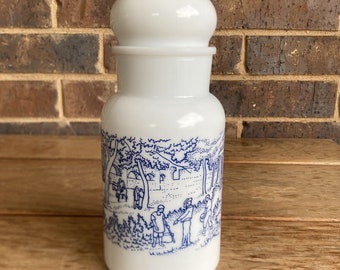 Vintage Belgium Blue and White Village Milk Glass Spice Apothecary Jar with Lid