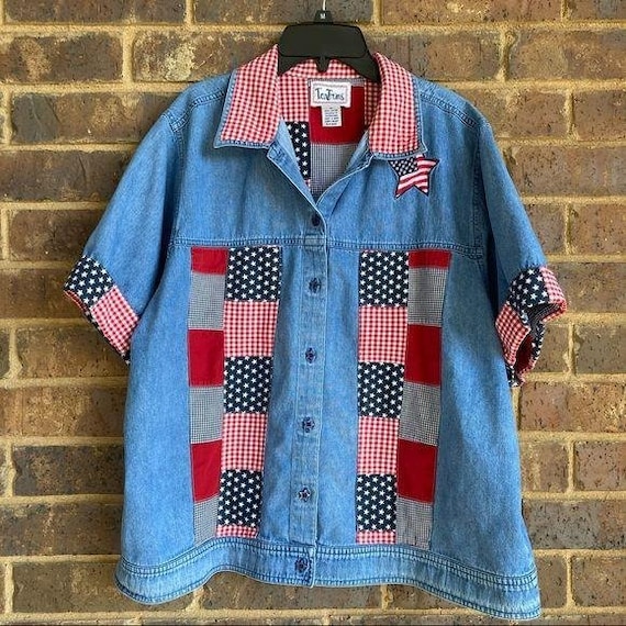 Vintage Patriotic Denim Patchwork Star Button Top… - image 1