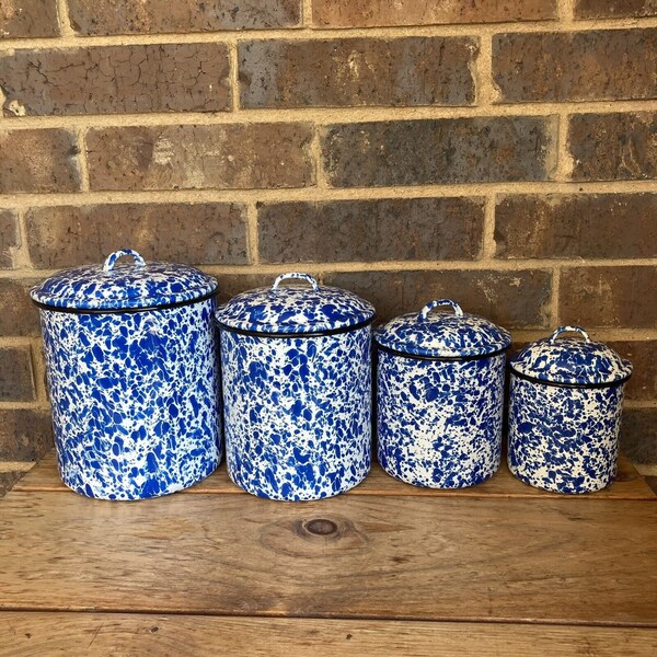 Set di contenitori vintage smaltati di 4 schizzi blu bianchi CGS International